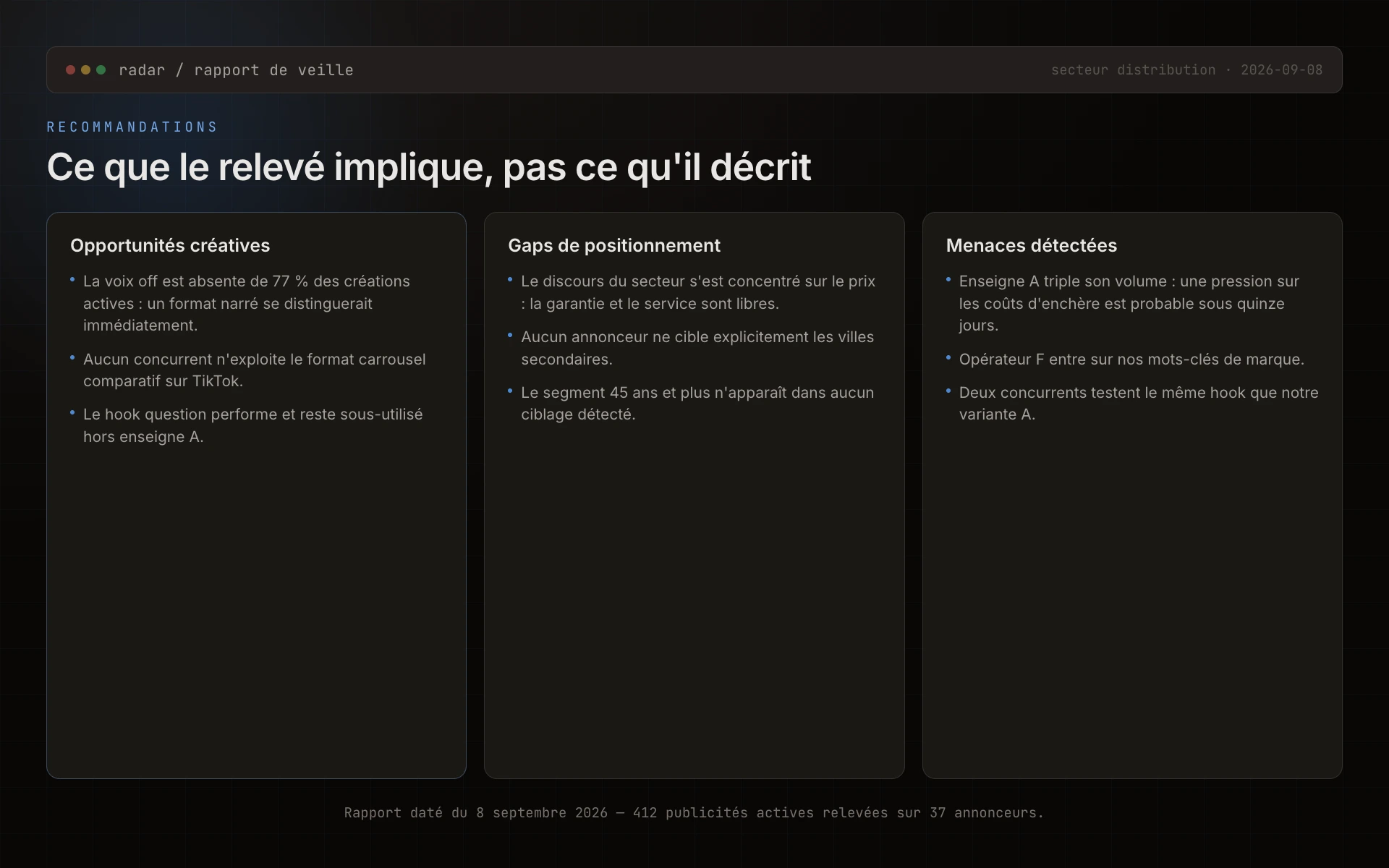 Interface du Radar, rapport de veille et recommandations par secteur