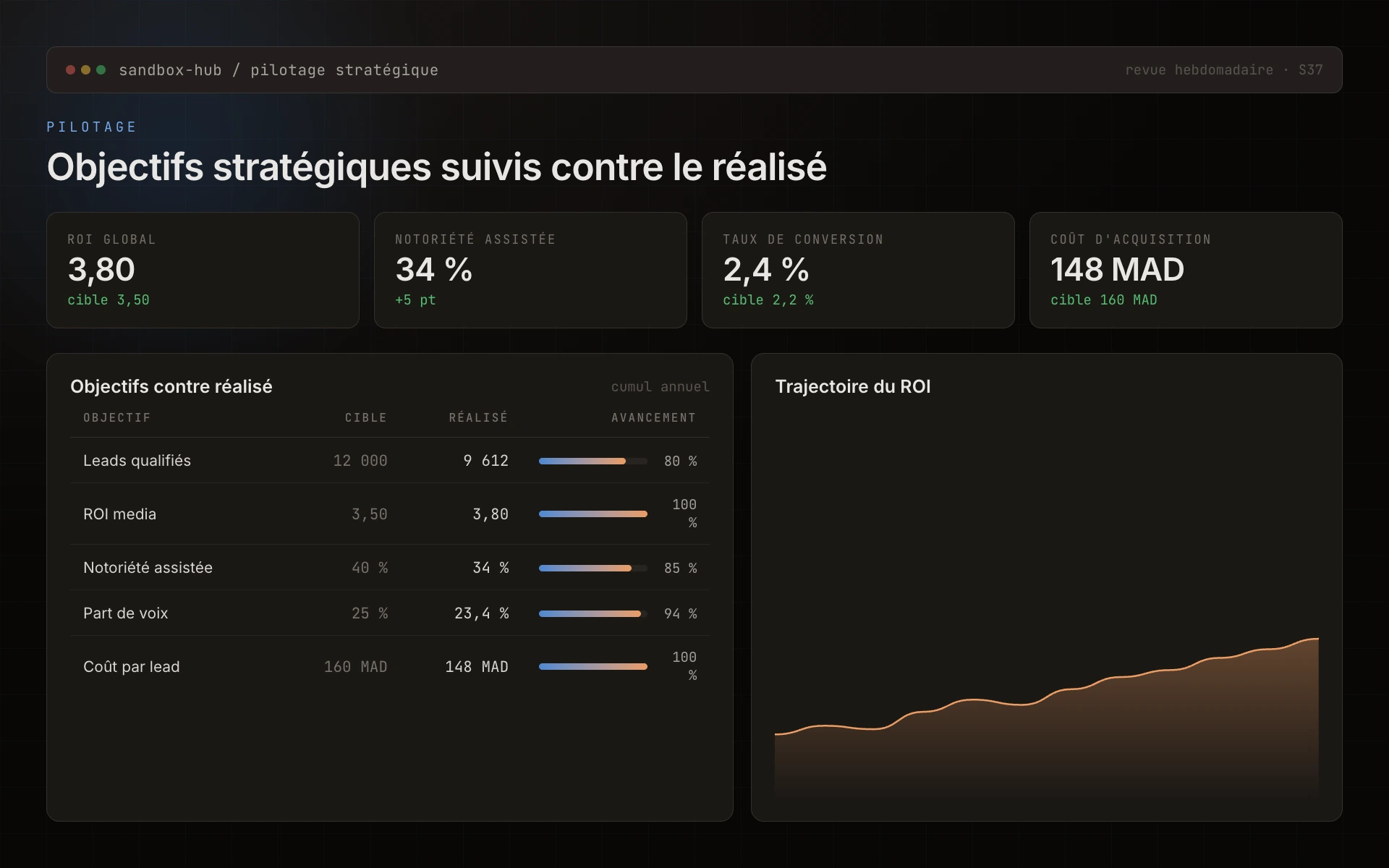 Screenshot Sandbox Hub, tableau de bord KPI de pilotage stratégique